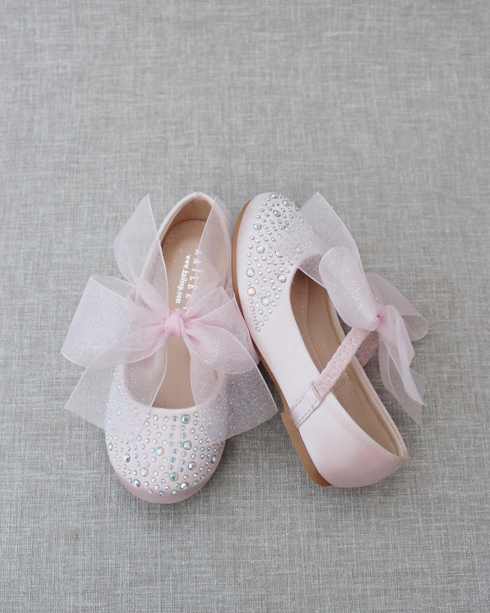 Dusty Pink Satin Mary Jane Flats With CHIFFON BOW and Rhinestones, for ...