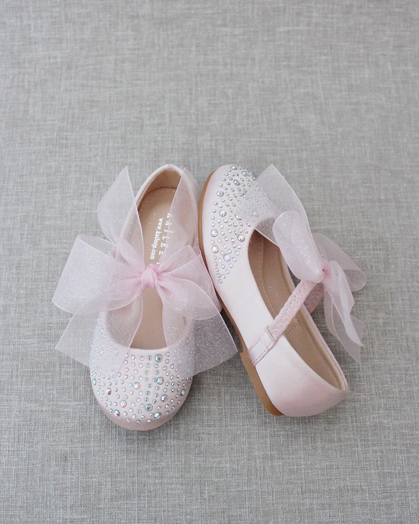 Dusty Pink Satin Mary Jane Flats With CHIFFON BOW and Rhinestones, for ...