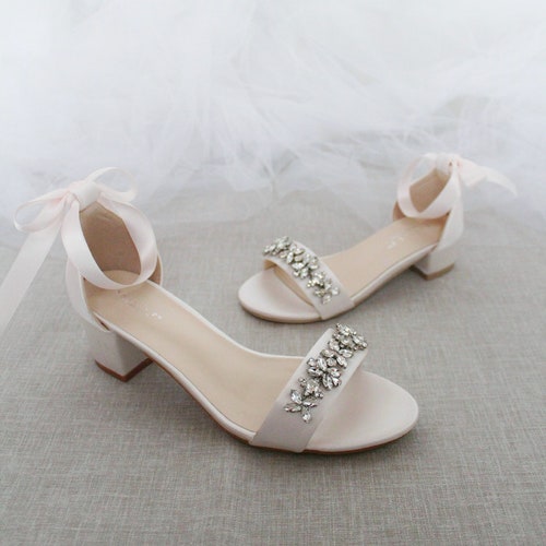 Champagne Satin Block Heel Sandals With Embellished FLORAL - Etsy