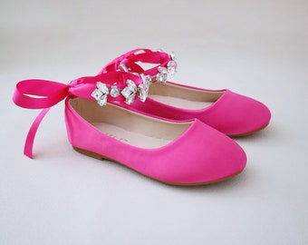 Fuchsia Satin Flats with NAVETTE CLUSTER RHINESTONES on Satin Ankle Strap, Flower Girls Shoes, Birthday Shoes, Valentines Shoes