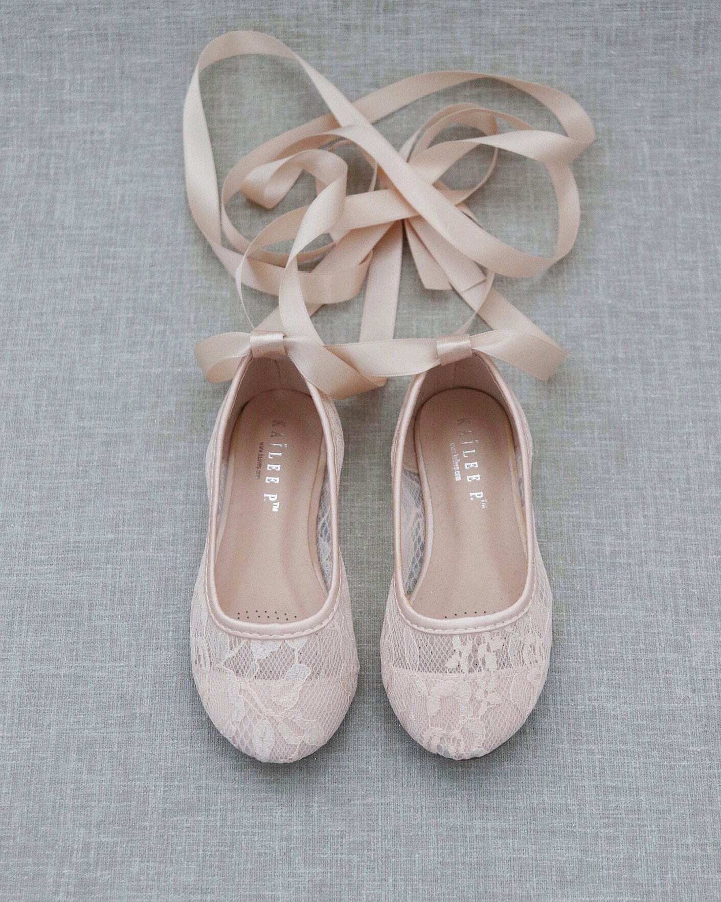 Girls Blush New Ballerina Flats With Satin Ribbon Lace -