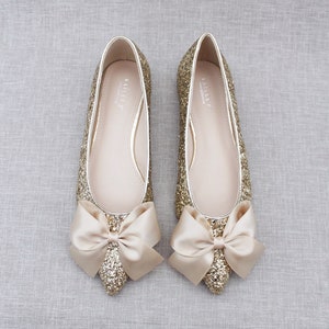 Gold Rock Glitter Pointy Toe Flats With Oversized SATIN BOW, Women ...