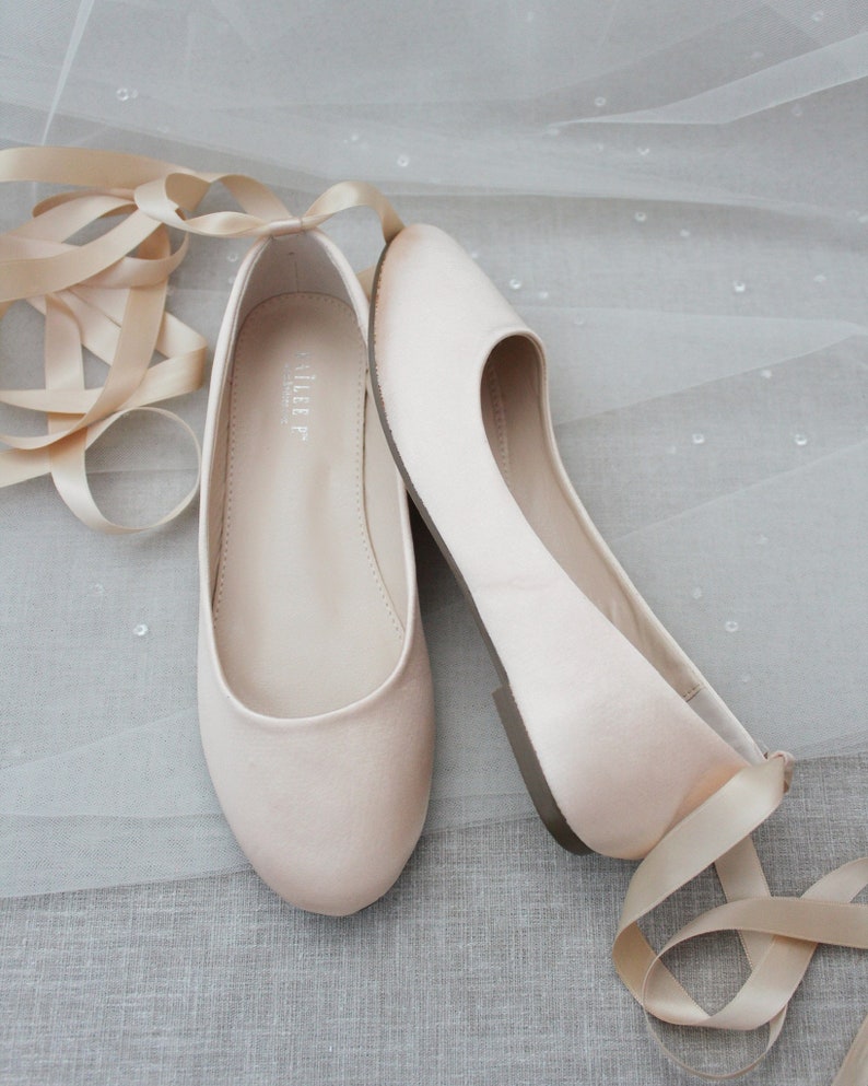 Women Shoes Champagne Satin Flats with Satin Ankle Tie or Ballerina Lace Up Bridal Shoes, Fall Wedding Shoes, Jr. Bridesmaids Shoes SATIN LACE UP