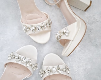 White & Ivory Satin Platform Block Heel Wedding Sandals with Navette Rhinestones - Women Wedding Shoes, Bridal High Heel, Wedding Heels