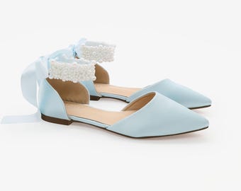 Light Blue Satin Pointy Toe Wedding Flats with Perla Ankle Strap, Women Wedding Shoes, Bridal Shoes, Bridal Flats, White Shoes