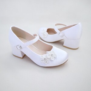 Ivory & White Satin Mary Jane Girls Block Heel With All Pearls Chassia ...