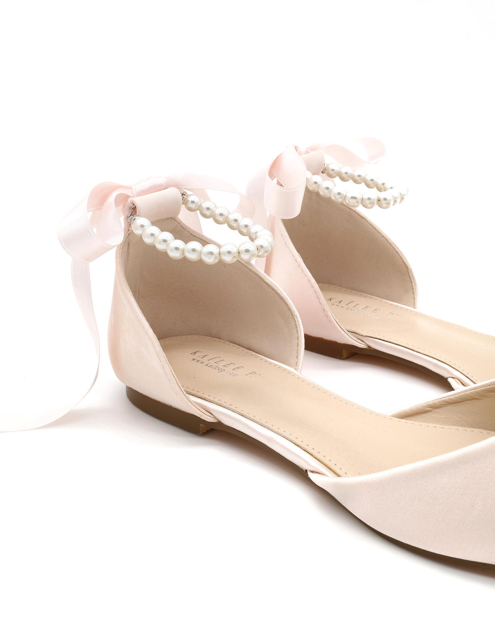 Dusty Pink Satin Pointy Toe Flats With ALL PEARLS Ankle Strap, Wedding ...