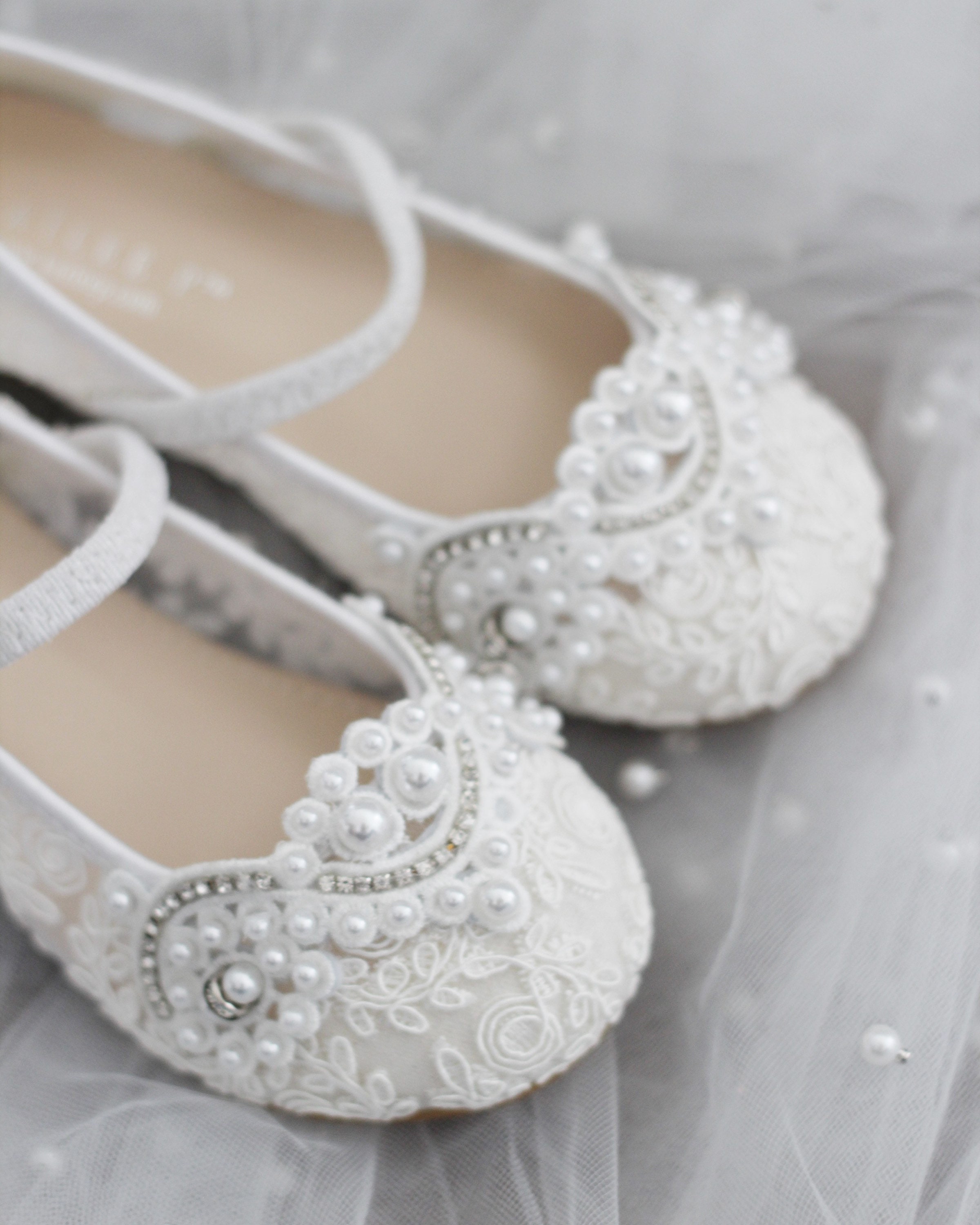 White Crochet Lace Mary Jane Flats With Small Pearls Applique - Etsy