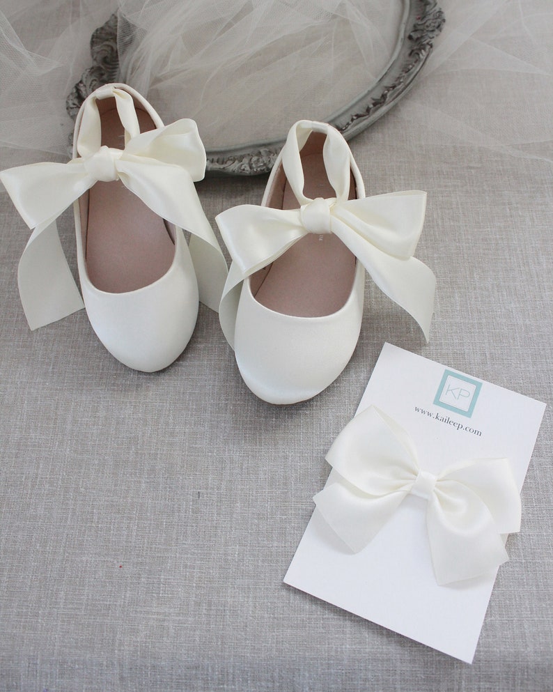 Kids Shoes Ivory Satin Flats with Satin Ankle Tie Flower girls shoes, Baptism Shoes, Communion shoes, Kids Ballerina Shoes image 5