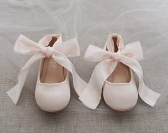 Kids Shoes | Dusty Pink Satin Flats with Satin Ankle Tie - Flower girls shoes, Toddler Shoes, Jr Bridesmaids Shoes, Blush Pink Shoes