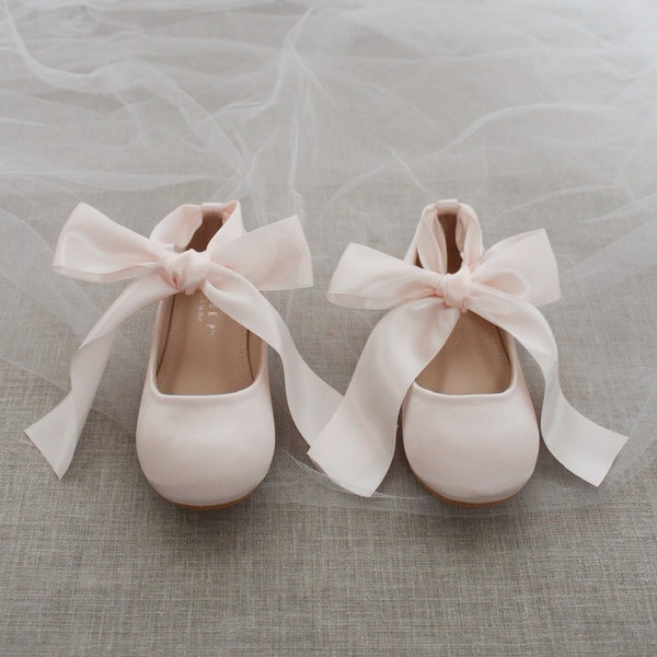 Kids Shoes | Dusty Pink Satin Flats with Satin Ankle Tie - Flower girls shoes, Toddler Shoes, Jr Bridesmaids Shoes, Blush Pink Shoes