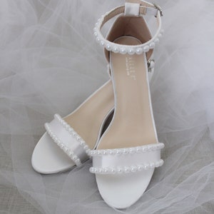 Women & Kids Shoes White Satin Block Heel Sandal with PEARLS, Women Sandals, Wedding Sandals, Flower Girls Shoes, Mommy and Mini Shoes image 4