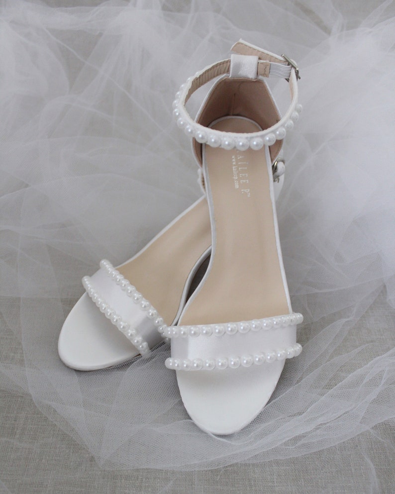 Women & Kids Shoes White Satin Block Heel Sandal with PEARLS, Women Sandals, Wedding Sandals, Flower Girls Shoes, Mommy and Mini Shoes image 4