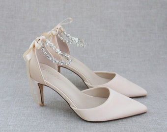 Champagne Satin Pointy Toe HEELS with Amaryllis Crystal Strap, Fall Wedding Shoes, Bridesmaids Shoes, Evening Shoes, Holiday Shoes