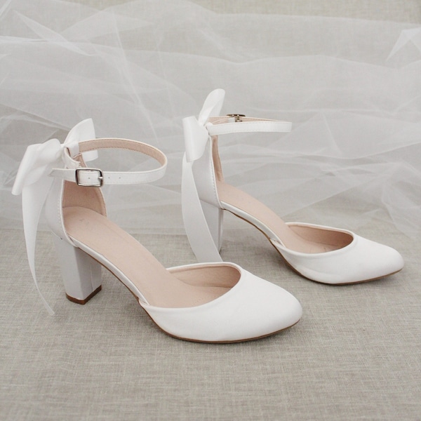 Women & Kids | White Satin Block Heel with SATIN BACK BOW, Women Wedding Shoes, Bridesmaids Shoes, Flower Girls Shoes, Bridal Heels