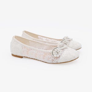 White Crochet Lace Round Toe Flats with SMALL PEARLS APPLIQUE - Women Wedding Shoes, Bridesmaid Shoes, Bridal Shoes, White Lace Shoes image 2