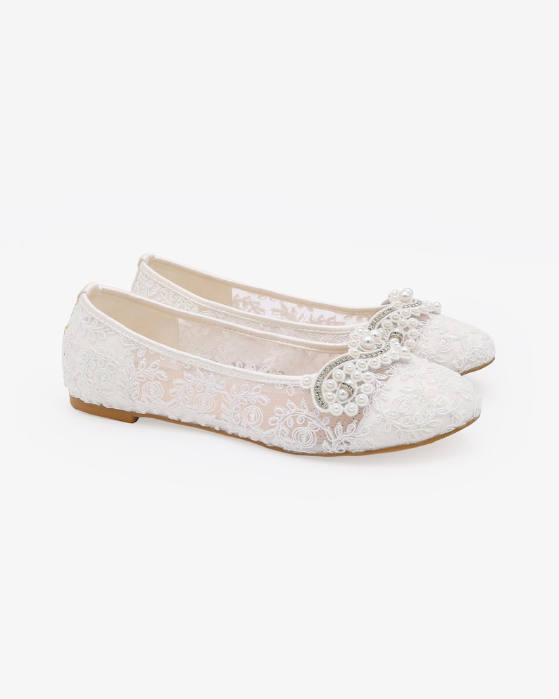 White Crochet Lace Round Toe Flats with SMALL PEARLS APPLIQUE - Women Wedding Shoes, Bridesmaid Shoes, Bridal Shoes, White Lace Shoes image 2