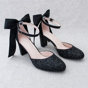 Black Rock Glitter Block Heel With SATIN BACK BOW, Women Wedding Shoes ...
