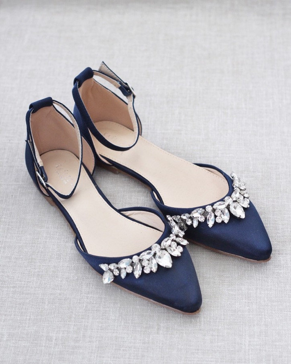 Navy Blue Pointy Toe Flats with Sparkly TEARDROP RHINESTONES ANKLE STRAP