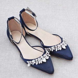 Navy Blue Pointy Toe Flats with Sparkly TEARDROP RHINESTONES, Fall Wedding Shoes, Bridesmaid Shoes, Something Blue, Holiday Shoes Flats