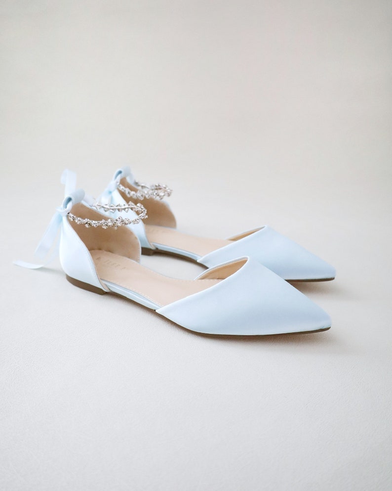 Light Blue Satin Pointy Toe Flats With Amaryllis Strap Women Etsy