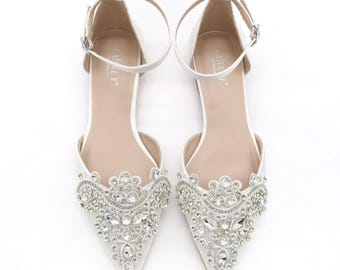 White Satin Pointy Toe Flats with Sparkly RHINESTONES APPLIQUE , Women Wedding Shoes, Bridal Shoes, White Bride Shoes, Satin Wedding Shoes