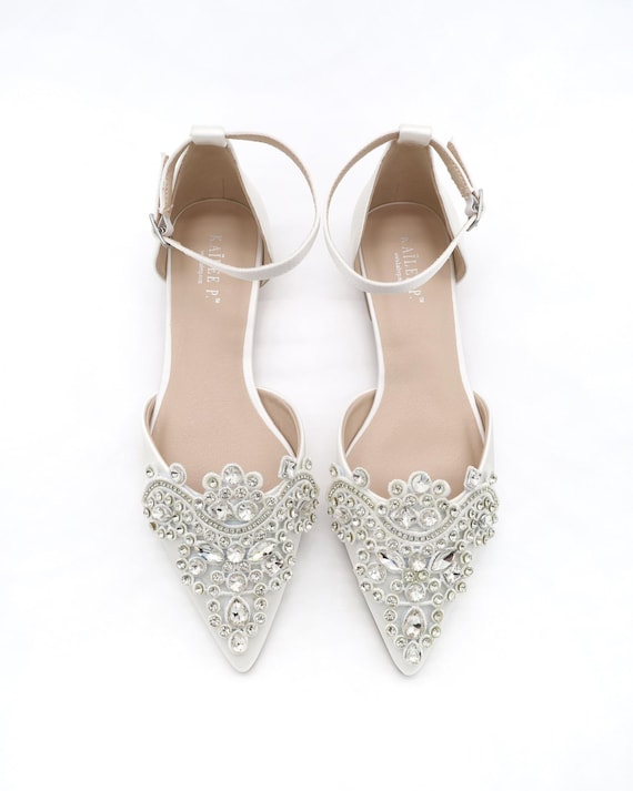 White Satin Pointy Toe Flats With Sparkly RHINESTONES APPLIQUE