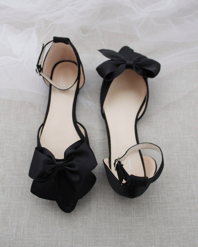 Black Pointy Toe Flats With FRONT SATIN BOW Women Wedding - Etsy
