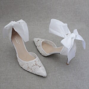 White Crochet Lace Pointy Toe Heels With WRAPPED SATIN TIE, Women ...