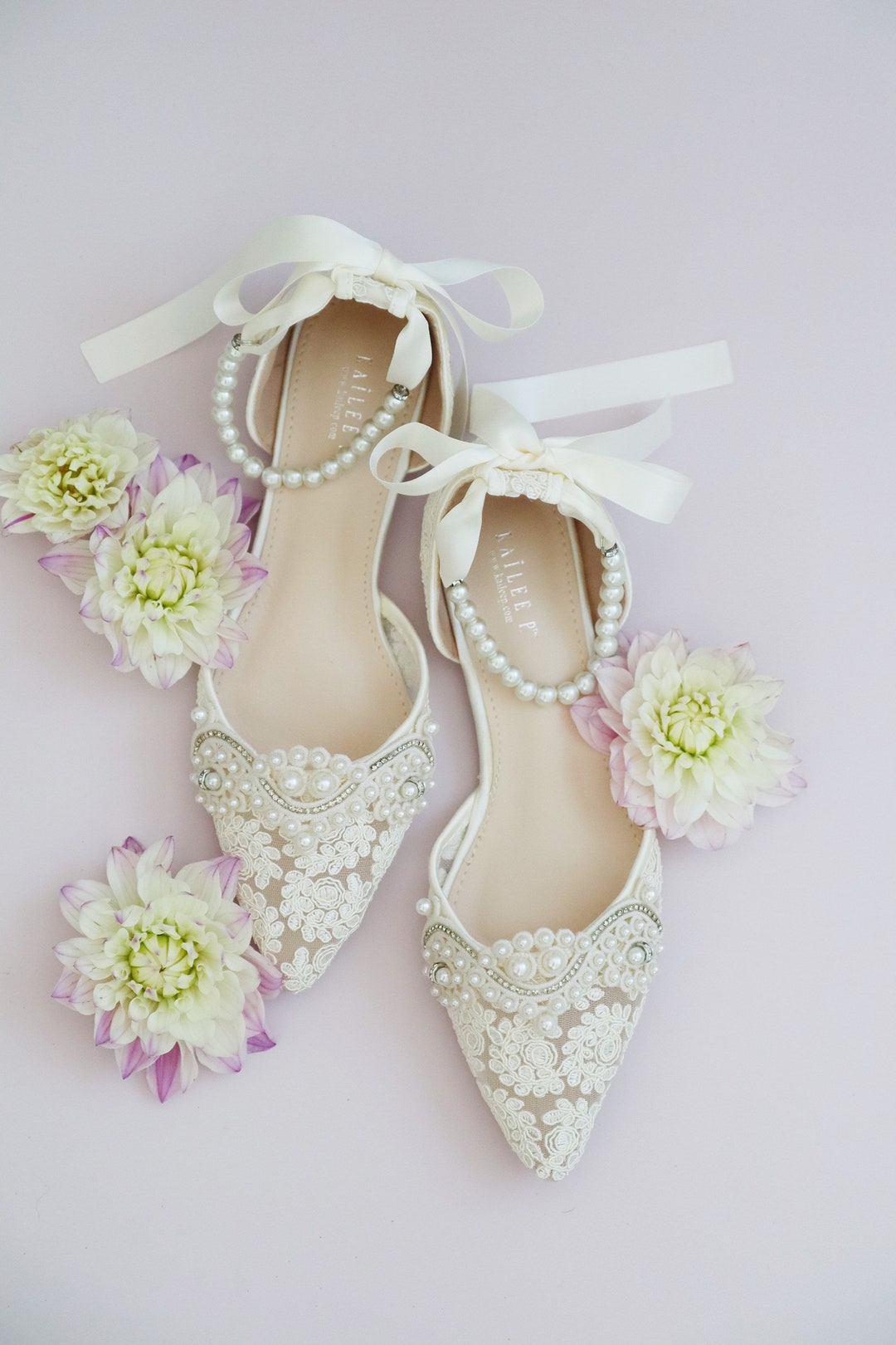 Ivory Crochet Lace Pointy Toe Flats With Small Pearls Applique Women ...