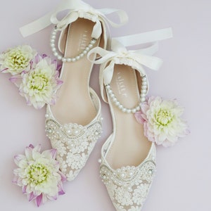 Ivory Crochet Lace Pointy toe flats with Small Pearls Applique - Women Wedding Shoes, Bridesmaid Shoes