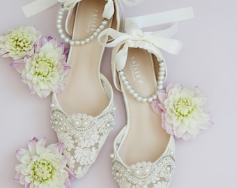 Ivory Crochet Lace Pointy toe flats with Small Pearls Applique - Women Wedding Shoes, Bridesmaid Shoes