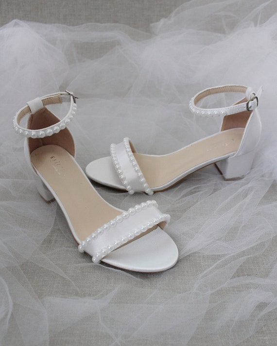 White Satin Girls Block Heel Sandals with Mini Rhinestones Embellished  Ankle Strap | Flower girl shoes, Block heels sandal, Sandals heels