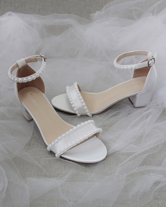 White Satin Girls Block Heel Sandals with Mini Rhinestones Embellished  Ankle Strap | Flower girl shoes, Block heels sandal, Sandals heels