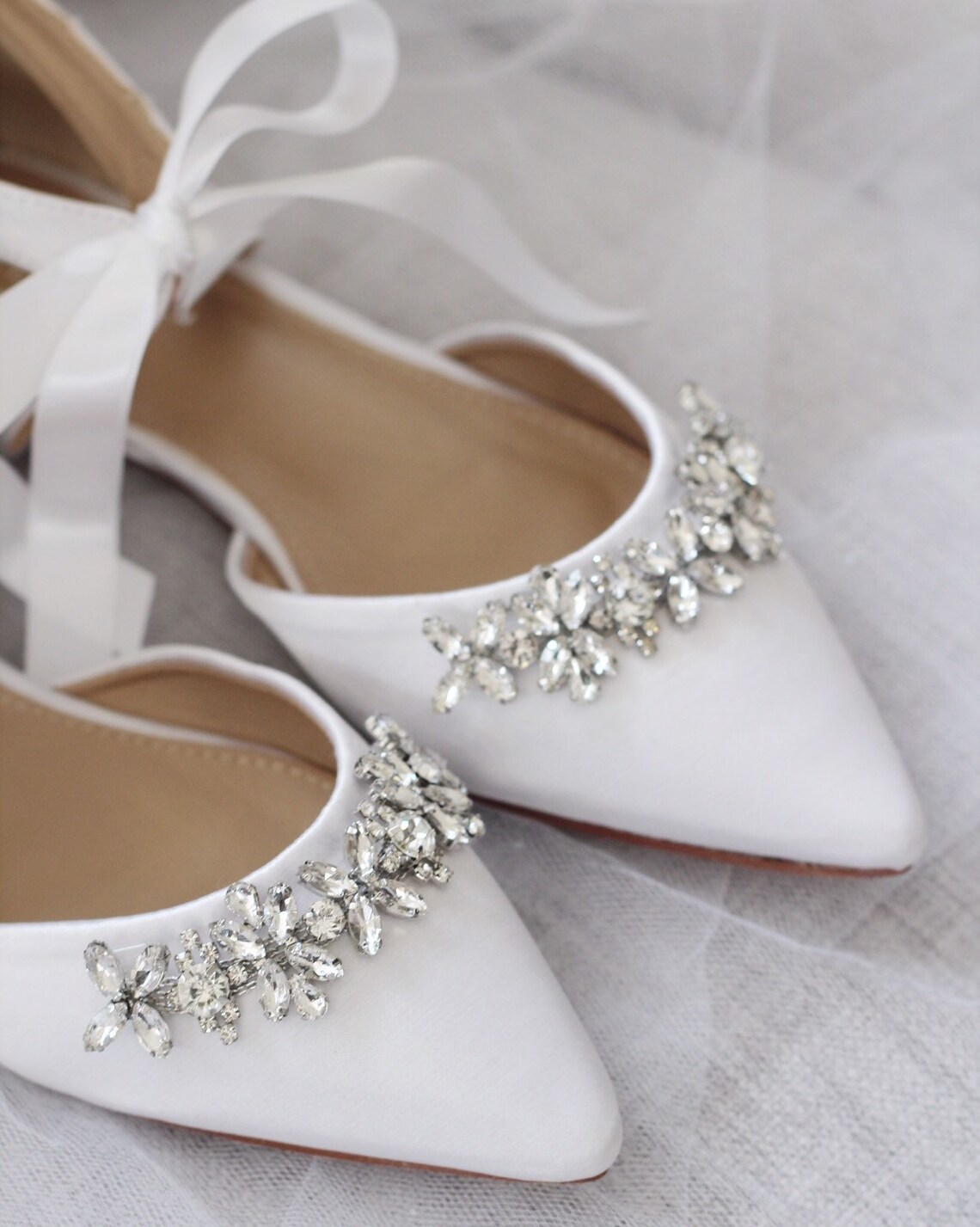 White Satin Pointy Toe Flats With FLORAL RHINESTONES and Satin - Etsy