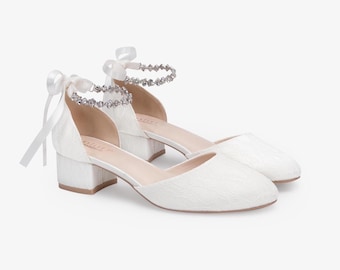 White & Ivory Lace Round Toe Low Block Heel Wedding Shoes with Amaryllis Strap, Wedding Lace Shoes, Bridal Flats, Bridal Shoes