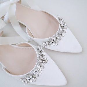 Ivory Satin Pointy Toe Flats With FLORAL RHINESTONES and Satin Tie ...