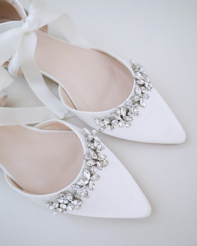 Ivory Satin Pointy Toe flats with FLORAL RHINESTONES and Satin Tie, Women Wedding Shoes, Bridal Flats, Bridal Shoes, Bride Shoes image 2