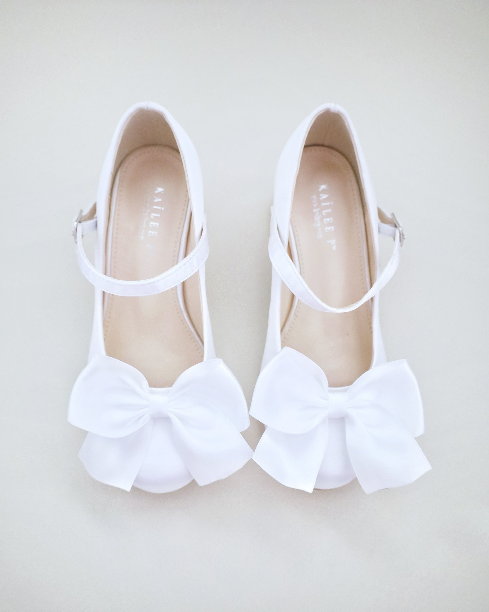 Ivory & White Satin Mary Jane Girls Block Heel With Front Satin Bow ...