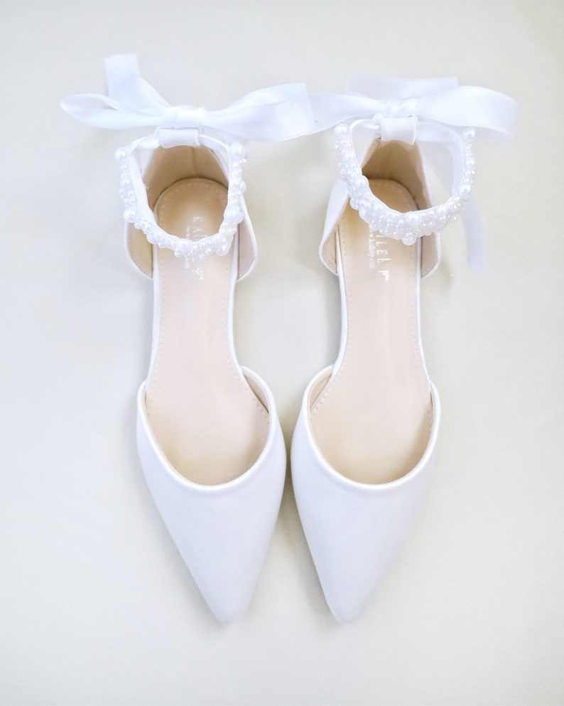 White & Ivory Satin Pointy Toe Wedding Flats with Perla Ankle Strap, Women Wedding Shoes, Bridal Shoes, Bridal Flats, White Shoes image 3