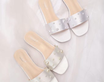 White & Ivory Satin Slip on Sandals with Scattered Pearls, Bridal Sandals, Bridesmaids Sandals, Wedding Sandals