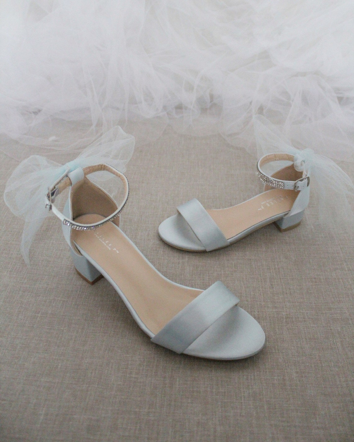 Light Blue Satin Block Heel Sandal with TULLE BACK BOW Bride image 1