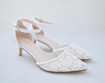 Ivory Crochet Lace Pointy Toe Wedding Low Heels with Mini Pearls, Bridal Shoes, Bridal Low Heels, Kitten Heels, Pearl Wedding Shoes