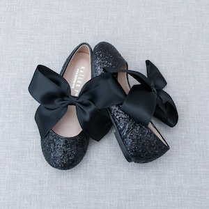 BLACK Rock Glitter Maryjane with BLACK SATIN bow Flower Girl Shoes, Holiday Party Shoes, Black Shoes, Fall Girls Shoes image 4