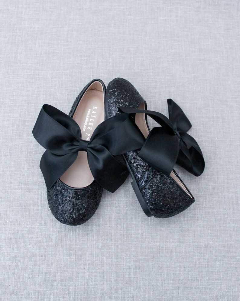 BLACK Rock Glitter Maryjane with BLACK SATIN bow Flower Girl Shoes, Holiday Party Shoes, Black Shoes, Fall Girls Shoes image 4