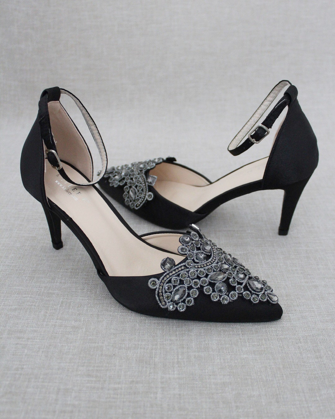 Buy Black Pointy Toe HEELS With Oversized Rhinestones Applique