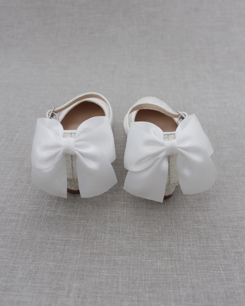 Girls Heel Glitter Shoes White Rock Glitter mary-jane heels with added satin bow, Baptism and Christening Shoes, Holiday Shoes image 6