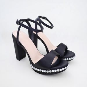 Black Satin Platform Block Heel Evening Sandals with Pearls, Women Wedding Shoes, Bridal Shoes, Evening Heels