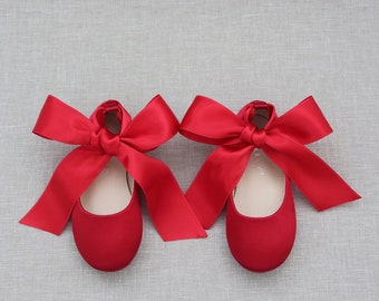 Kids Shoes | RED Satin Flats with Satin Ankle Tie - Satin flower girls shoes, Jr.Bridesmaids Shoes, Holiday Shoes, Fall Girls Shoes