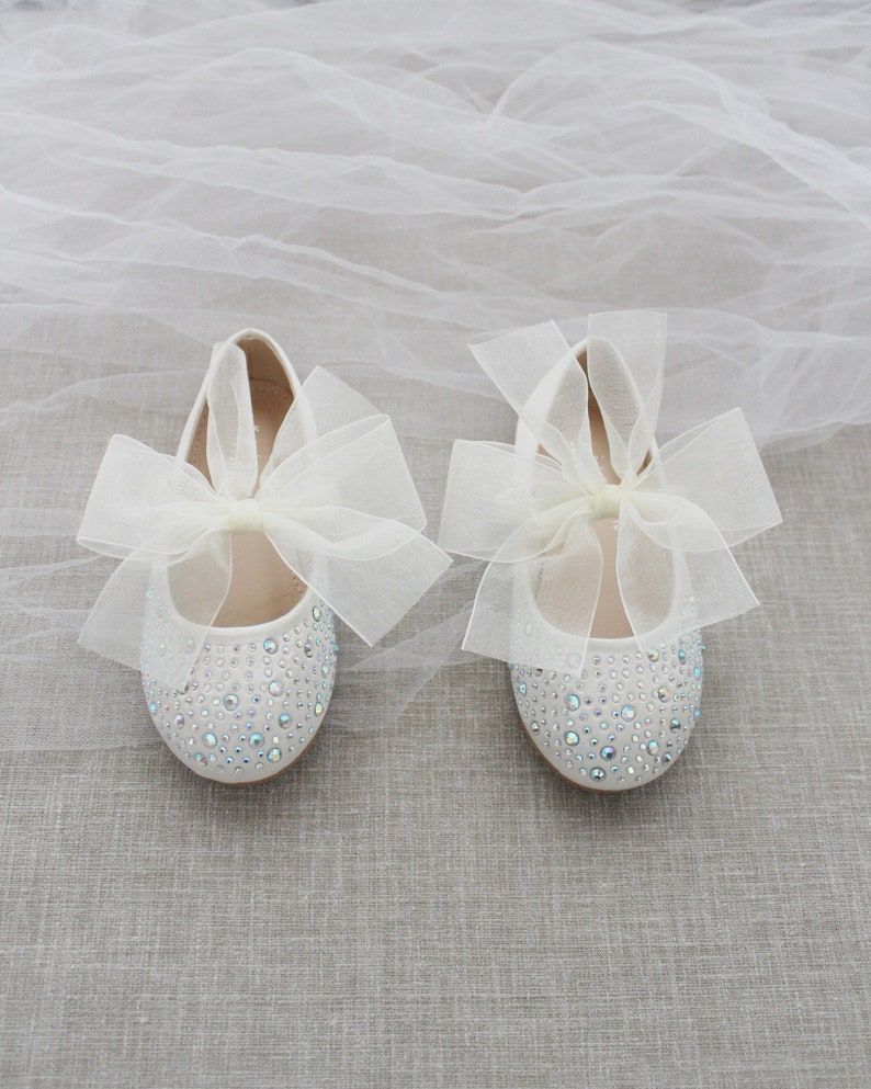 Ivory Satin Mary Jane Flats With IVORY CHIFFON BOW and Rhinestones- for ...